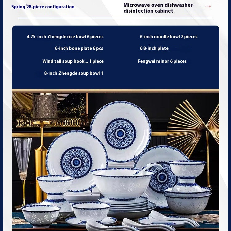 Premium Jingdezhen Underglaze Blue and White Linglong Porcelain Dinnerware Set